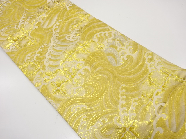 JAPANESE KIMONO / ANTIQUE MARU OBI / WOVEN RAGING WAVES